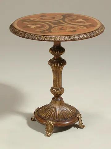 Hand Carved Mahogany Pedestal Occasional Table, Mixed Wood Marquetry Top, Gilt Accents