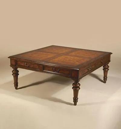 Aged Regency Finished Ash Burl Square Cocktail Table, Parquetry Veneer Top