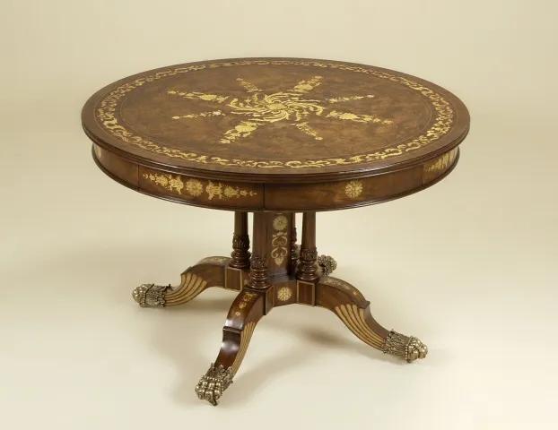 Warm Honey Burnished Center Table, Intricate Marquetry, Antique Brass Feet