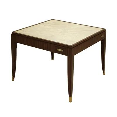Rosewood Finish on Rosewood Veneer Game Table, Beige Faux Shagreen Leather Top