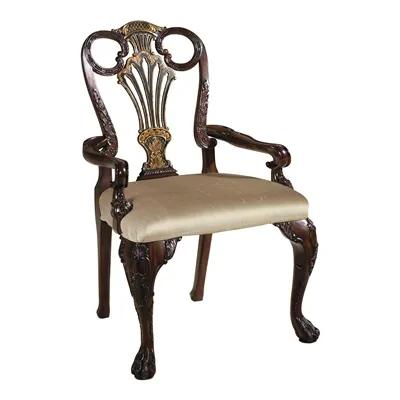 Carved Antique Mahogany and Black Chinoiserie Finished Armchair, Neutral Fabric Uph
