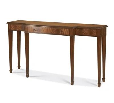 Aged Regency Mahogany Finished Console Table, Crotch Veneers, Dark Antique Brass Accents