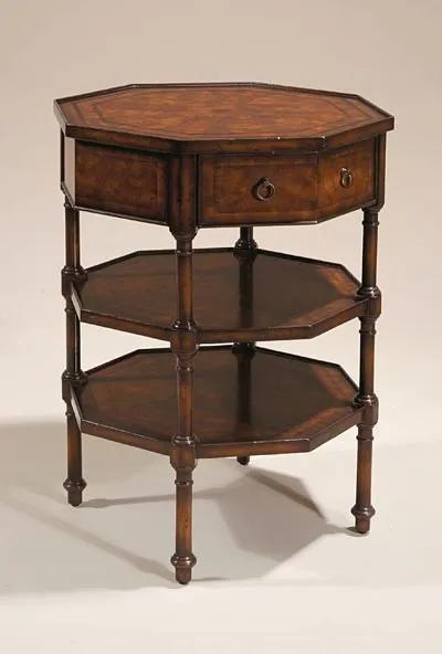 Dark Burnished Finished Laurel Burl Veneer Three Tier Occasional Table