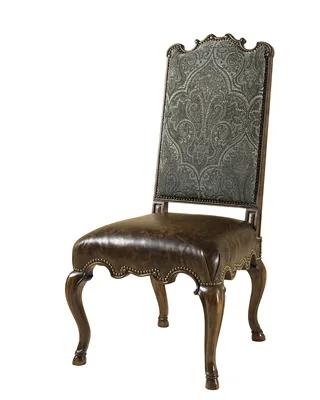 Dark Wellington Cottage Finished Side Chair, Kodiak Leather and Paisley Upholstery