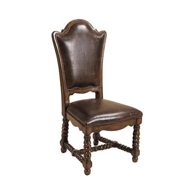 Hand Carved Dark Antique Lido Finished Side Chair, Leather Uph, Brass Nailhead Accents