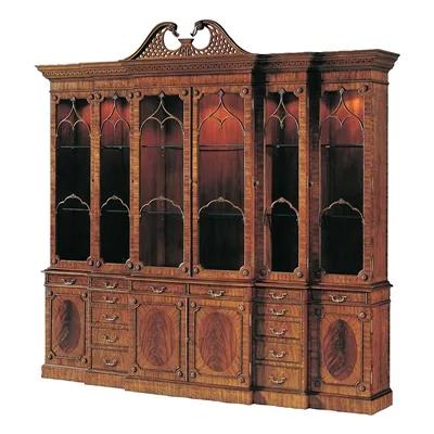 Light Mahogany Georgian Lighted Triple Breakfront China Cabinet, Glass Shelves