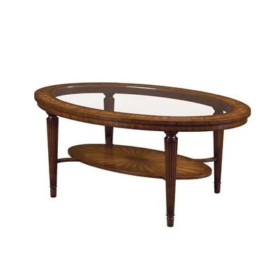 Aged Regency Finished Two Tier Oval Cocktail Table, Glass Top, Marquetry on Lower Tray