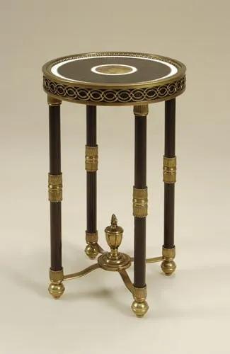 Ebony Finished Occasional Table, Multi Shell Inlaid Top, Antique Brass Accents