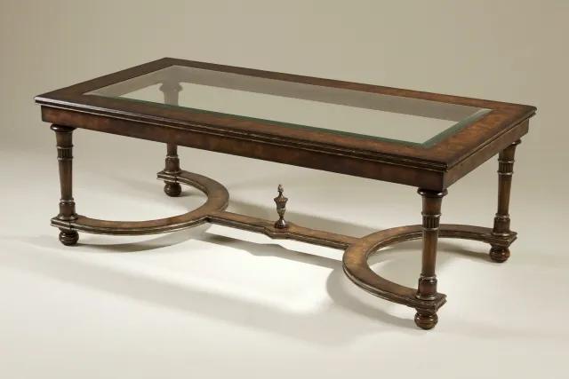 Dark Burnished Laurel Burl Cocktail Table, Broken Gilt Accents, Inset Beveled Glass