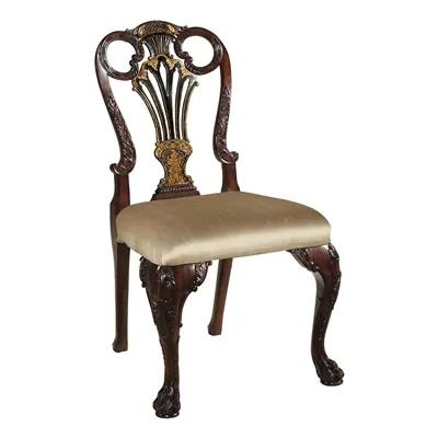 Carved Antique Mahogany and Black Chinoiserie Finished Side Chair, Neutral Fabric Uph