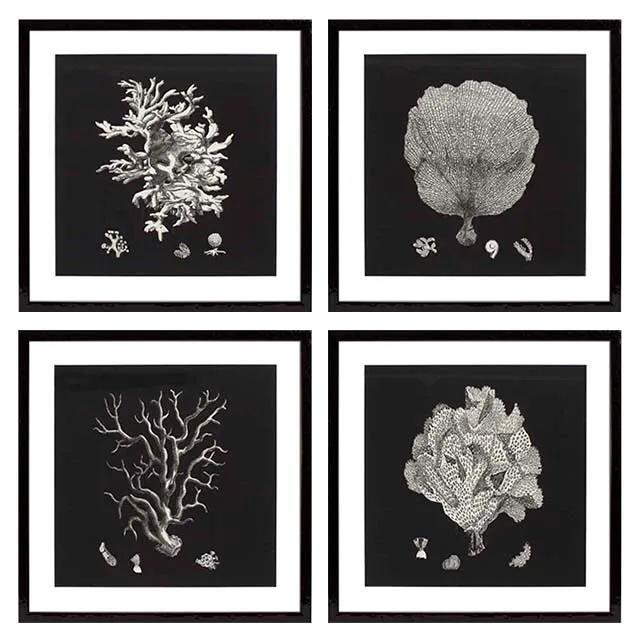 Prints Black & Tan Corals set of 4