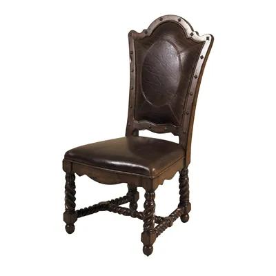 Hand Carved Dark Antique Lido Finished Side Chair, Brompton Brown Leather, Oval Pattern