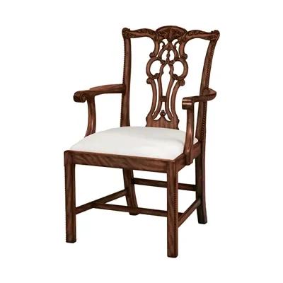 Carved Aged Regency Finished Mahogany Chippendale Armchair, Woven Caramel Fabric