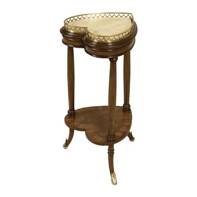 Distressed Two Tier Walnut Tone Heart Shaped Occasional Table, Petrified Stone Top