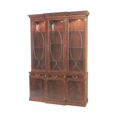Light Crotch Mahogany Lighted Breakfront China Cabinet, Glass Shelves, Brass Mounts