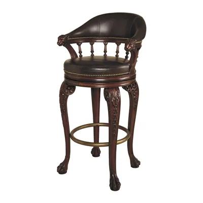 Mahogany Finished Swivel Barstool, Lion's Head Motif, Bentley Chocolate Leather Uph