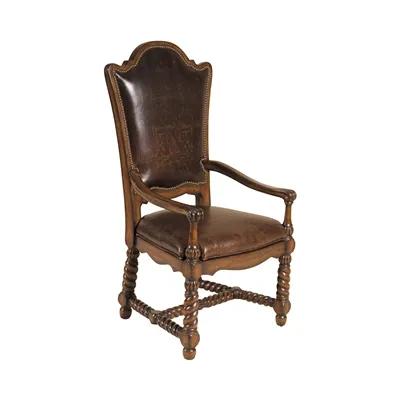 Hand Carved Dark Antique Lido Finished Armchair, Leather Uph, Brass Nailhead Accents