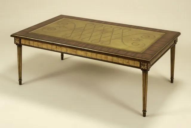 Rosewood Veneer and Reverse Painted Glass Cocktail Table, Gold Gilded Accents
