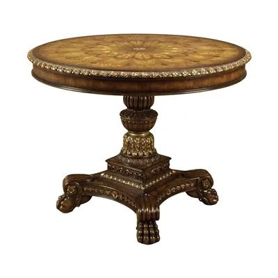 Hand Carved Aged Regency Mahogany Center Table, Brass Accents, Marquetry Top