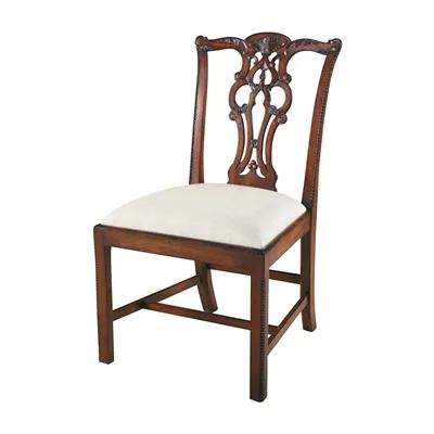 Carved Aged Regency Finished Mahogany Chippendale Side Chair, Woven Caramel Fabric