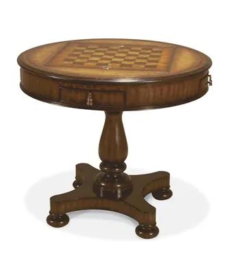 Aged Regency Mahogany Finished Round Gameboard Table, Florentine Leather Top