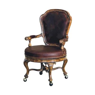 Dark Wellington Cottage Finish Swivel Game Chair, Old Attic Leather Upholstery