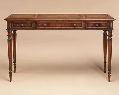 Aged Regency Finished Crotch Veneer Console Table, Crumpled Faded Leather Inlaid Top