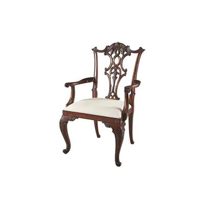Carved Aged Regency Finished Mahogany Chippendale Armchair, Woven Caramel Fabric