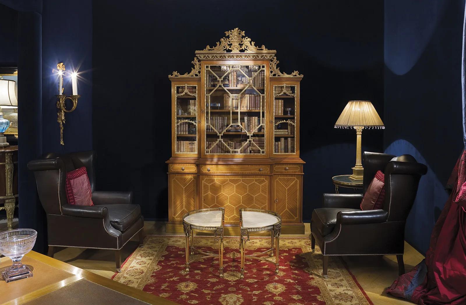 Mahogany side table with marble top and base in mother of pearl and citronnier 