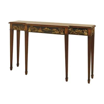 Aged Regency Finished Veneer Sofa Table, Hand Painted Black and Gold Chinoiserie Apron