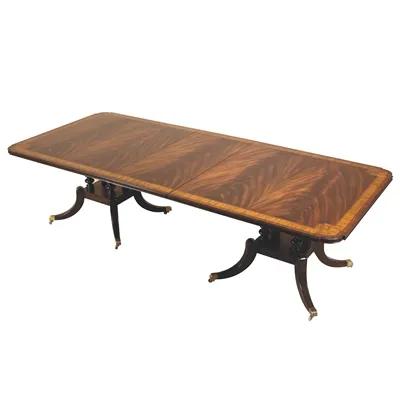 Mahogany Finished Crotch Mahogany Veneer Dining Table, Crossbanding Top, Brass Mounts