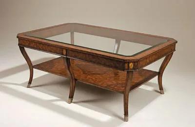 Dark Burnished Laurel Burl Veneer Cocktail Table with Shelf, Inset Beveled Glass Top