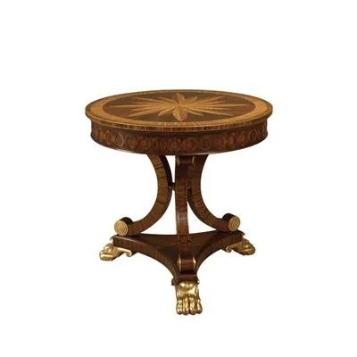 Hand Carved Mahogany Round Occasional Table, Rosewood and Satinwood Veneer, Gilded Feet