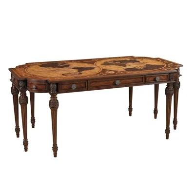 Aged Regency Finished Desk, Intricate Inlaid Marquetry Top in Various Veneers