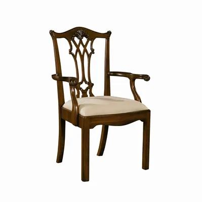 Carved Aged Regency Finished Mahogany Chippendale Straight Leg Armchair, Caramel Fabric