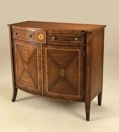 Aged Regency Finished Veneered Bowfront Chiffonier, Marquetry Detail, Pompeian Brass Accents