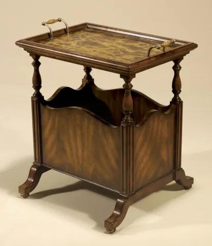 Aged Regency Mahogany Finished Magazine Rack Tray Table, Faux Tortoise Shell Top