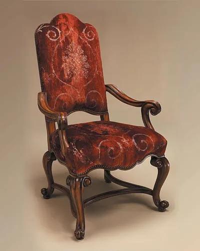 Hand Carved Frontier Finished Armchair, Rust Patterned Velvet Upholstery