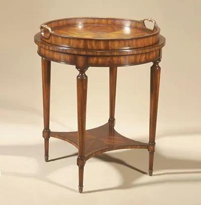 Aged Regency Finished Round Occasional Table, Leather Top, Removable Veneer Tray