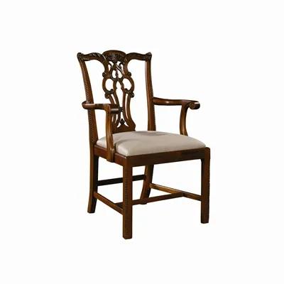 Carved Regency Mahogany Finish Chippendale Straight Leg Armchair, Neutral Upholstery