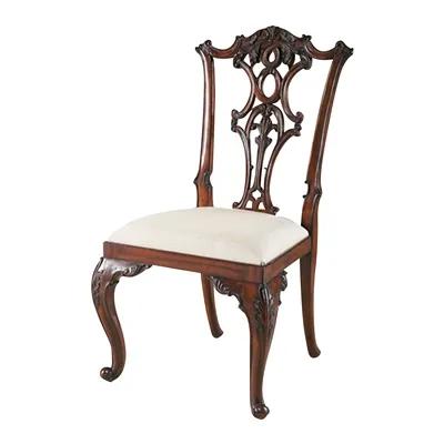 Carved Aged Regency Finished Mahogany Chippendale Side Chair, Woven Caramel Fabric
