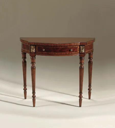 Regency Finished Mahogany Neoclassic Console Table, Crotch Veneer, Fluted Leg
