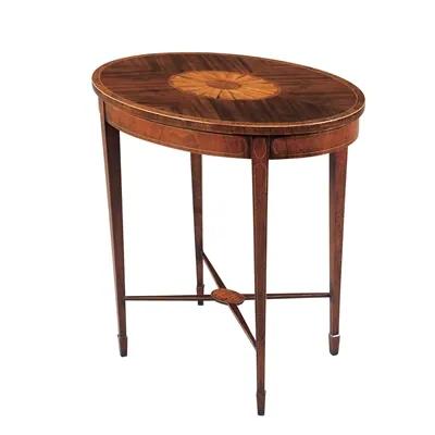 Mahogany and Satinwood Hepplewhite Oval Occasional Table with Stretcher