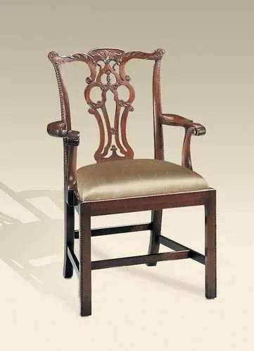 Carved Polished Mahogany Finish Chippendale Straight Leg Armchair, Neutral Uph