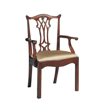 Carved Polished Mahogany Chippendale Straight Leg Armchair, Neutral Uph