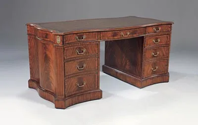 Regency Finished Mahogany Serpentine Partners' Desk with Sussex Leather Top