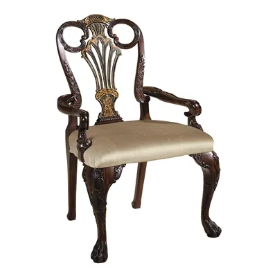 Carved Antique Mahogany and Black Chinoiserie Finished Armchair, Neutral Fabric Uph