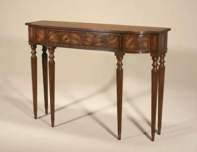 Aged Regency Finished Mahogany Sheraton Sofa Table, Crotch Veneers, Tapered Leg