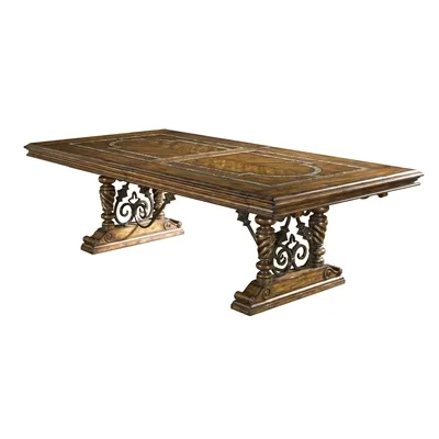 Dark Wellington Cottage Finished Dining Table, Iron and Snakeskin Stone Accents