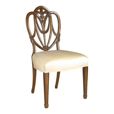 Carved Polished Mahogany Heart Shaped Shield Back Side Chair, Oyster Silk Upholstery